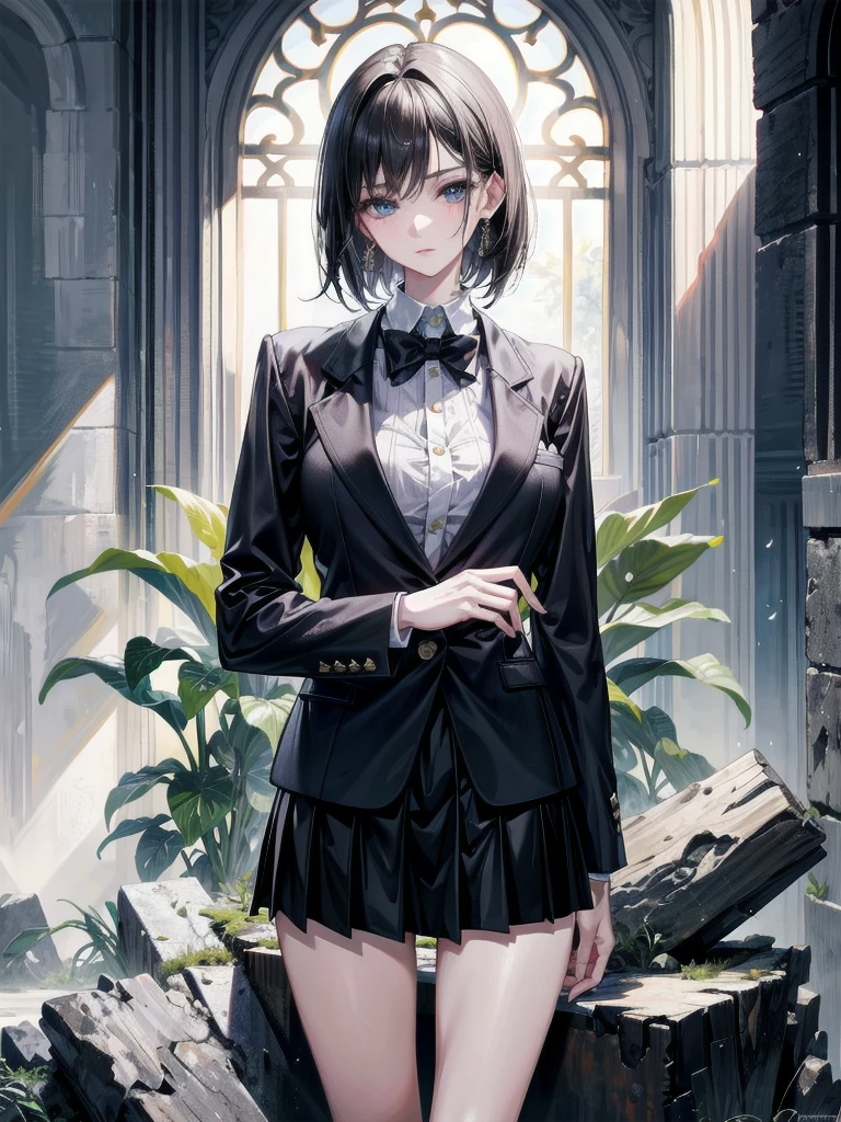 absurdres, RAW photo, extremely delicate, extremely beautiful, masterpiece, Best Quality, ultra high resolution, 32k, hyperrealistic, ultra-detailed description, perfect anatomy, pale skin, 20 years old, detailed beautiful face, detailed beautiful face eyes, tearful mole, earring, short medium hair, black hair, Colossal tits, full body, business suit, blazer, blouse, short skirt,