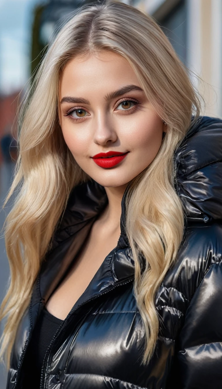 hyperrealistic beautiful busty 19-year-old woman with long legs wearing casual winter outfit with shiny black puffer coat, model shooting full body photography, bleached blonde very long straight hair, soaky wet skin, dark eye makeup with eyeliner, seductive smile, red lips, 8K, Best quality, Meisterwerk, ultra high resolution, (Realismus: 1.4), Originalfoto, (realistische Hautstruktur: 1.3), (Filmkorn: 1.3), (Selfie-Winkel), 1 girl, Beautiful round hazel eyes and facial details, Meisterwerk, Best quality, outdoor photography