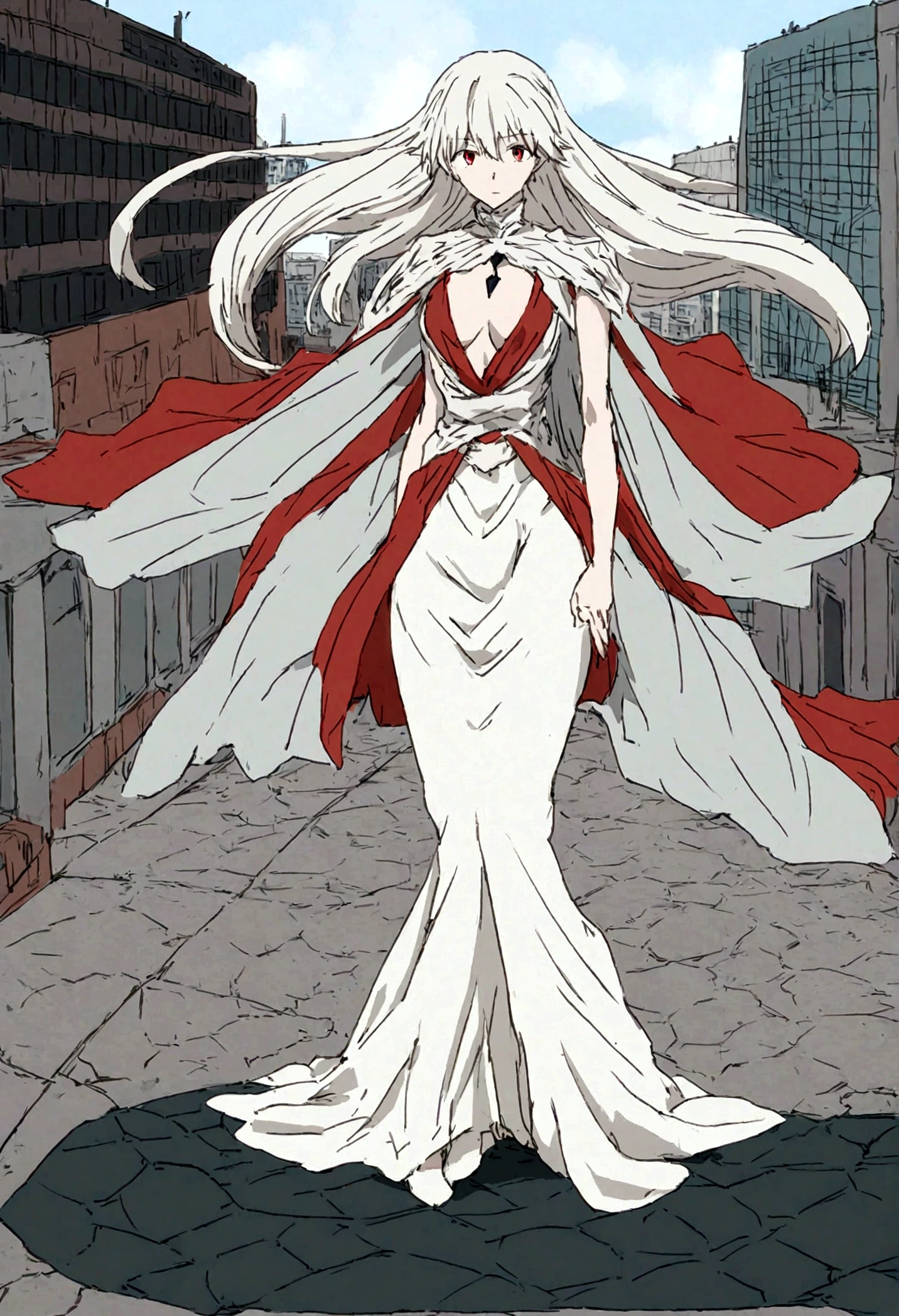 creates an anime version image of a woman resembling the giant from the end of evangelion, it is a colossal woman on the horizon, the character is shown fullbody, her skin is completely white and she has short white hair with crimson red eyes, her pose is angelic, she is looking floating a little off the ground, looking furiously at an anime style city.