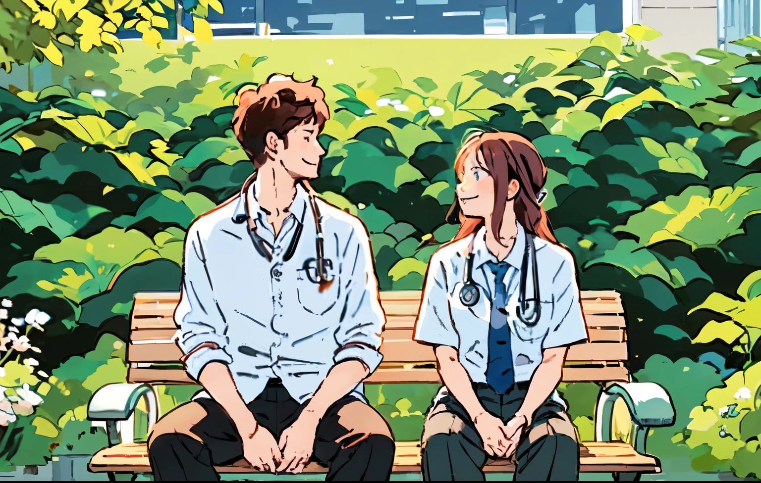 Man and woman couple, Doctor, Outdoor, bench, Sitting, White, Stethoscope, consultation, Long trousers, shirt, White, tie, smile, sunlight, plant, Wide-angle lens, Bush, Daytime, Upper body close-up