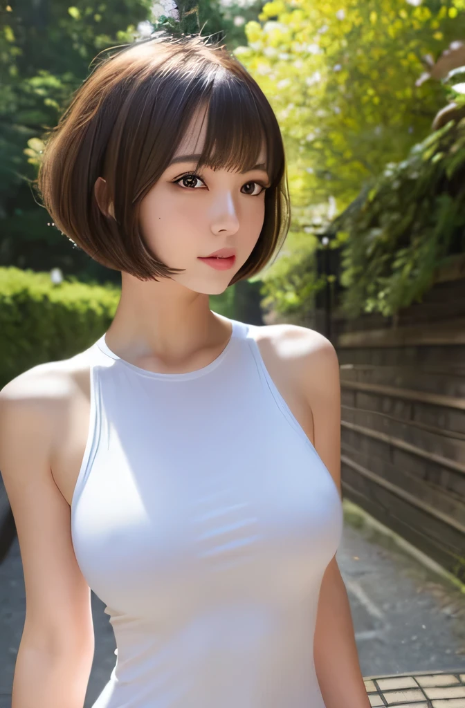 ((highest quality)), ((masterpiece)), (detailed), Perfect face masutepiece, Best Quality, Illustration, Ultra-detailed, finely detail, hight resolution, 8K Wallpaper, Perfect dynamic composition, Beautiful detailed eyes,,Medium Hair,Small breasts natural color lip, Bold sexy poses,Harajuku、20 years girl、Cute、Sexy shot looking at camera、one woman, dress, nipples standing out from under clothing, super tight clothes, stoop down, muscular, naughty expression, short hair, bob hair, crowd of people、tiny breasts、blunt bangs、white super tight clothes