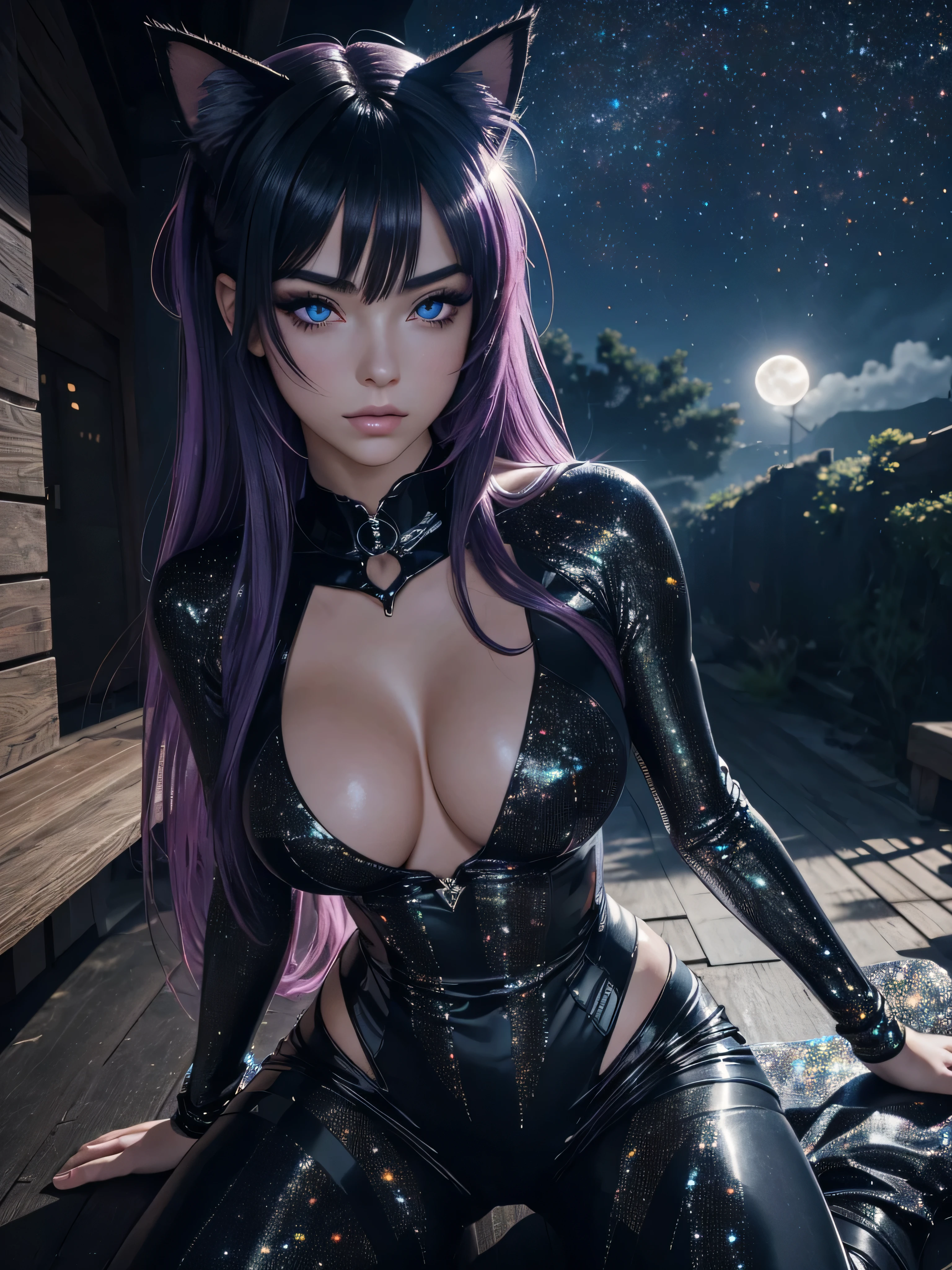 anime girl with cat ears and red lingersuit posing for a picture, seductive anime girl, hyperrealistic , beautiful alluring anime woman, 3d anime girl, attractive anime girl, seductive. highly detailed, anime highly detailed, , beautiful alluring anime , anime girl, a hyperrealistic , photorealistic anime girl render, yuri, cleavage, Mesmerizing eye contact, wooden floor, realistic, black hair, Watercolor touches, glitter lingersuit, amber eyes, big_natural_breasts, sagging_breasts, medium_breasts, Busty Milf, kneeling_forward, large_breasts, nsfw, luminescent lingersuit paint, night sky, full moon, hand on own head, waterfall, bioluminescent violet hair, niples, (Detailed eyes,Long eyelashes,Bright and colorful iris,Expressive eyebrows,Blend eyeshadow perfectly,Eyes sparkle,Reflective eyeballs, Heterochromia)