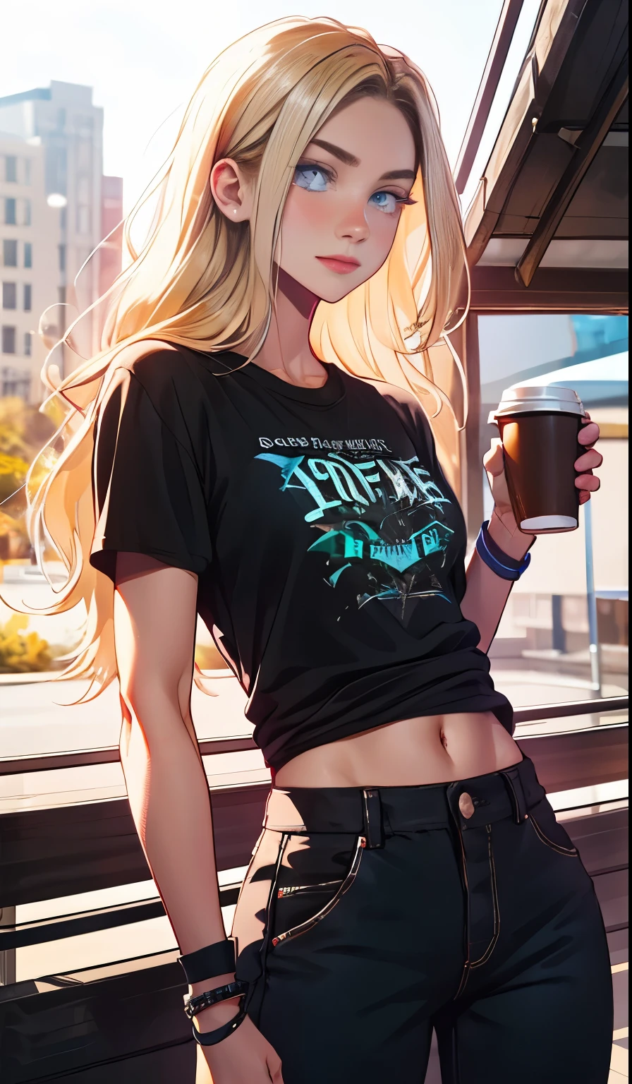 Metal Family, girl, 14 years old, blonde, unruly long hair, with blue eyes, attractive, athletic build, wearing a coffee T-shirt, tight-fitting black trousers, wristbands.