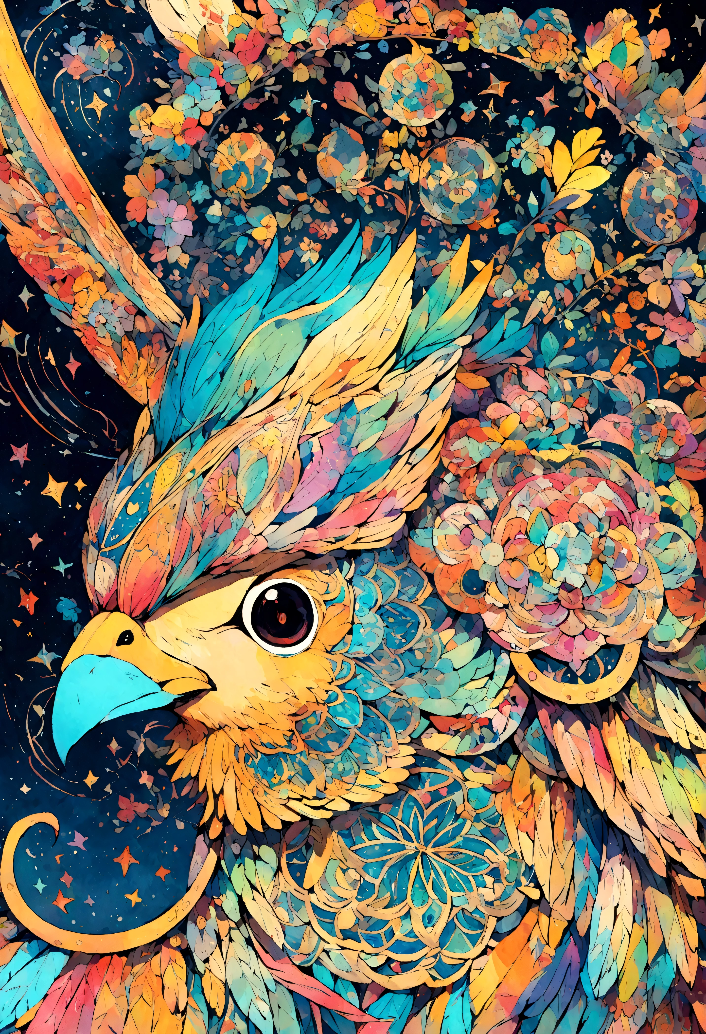 ２Vivid colorful drawing of cool bird-based mandalas