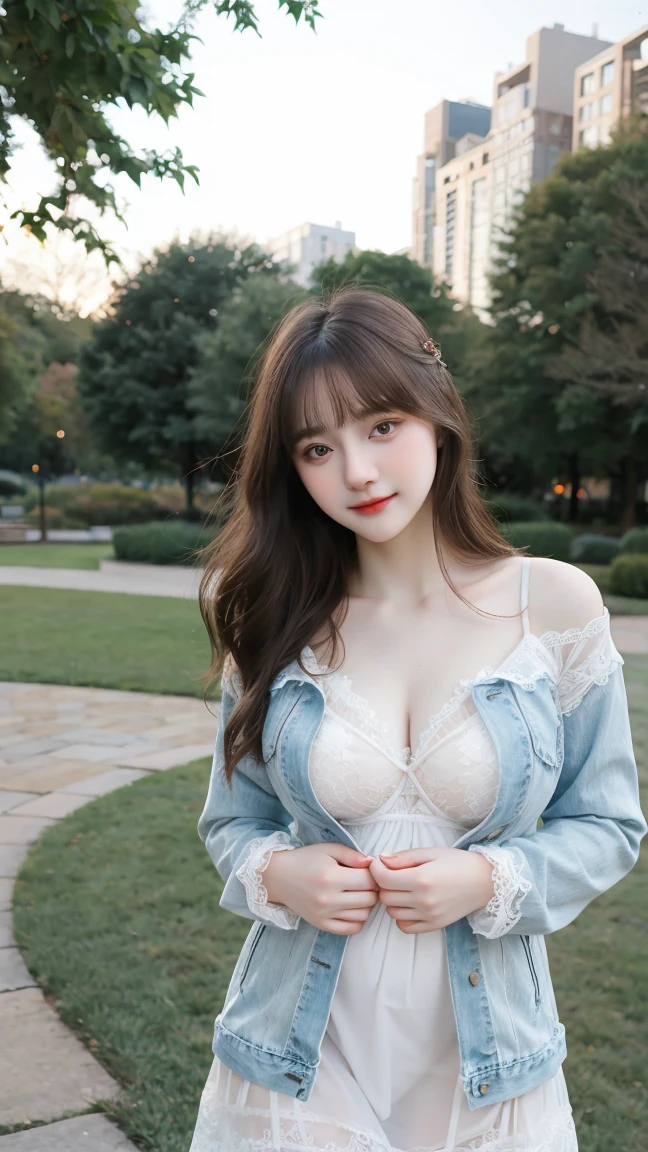 Gorgeus Girl, Beautiful, Baby Face, 20 Years Old, White Skin, pale skin, large breast, Beside, Sexy Pose, lace night gown, Bokeh, park Background, Masterpiece, asking for a hug, full body Shot, open arms, Denim Jacket Long Sleeve