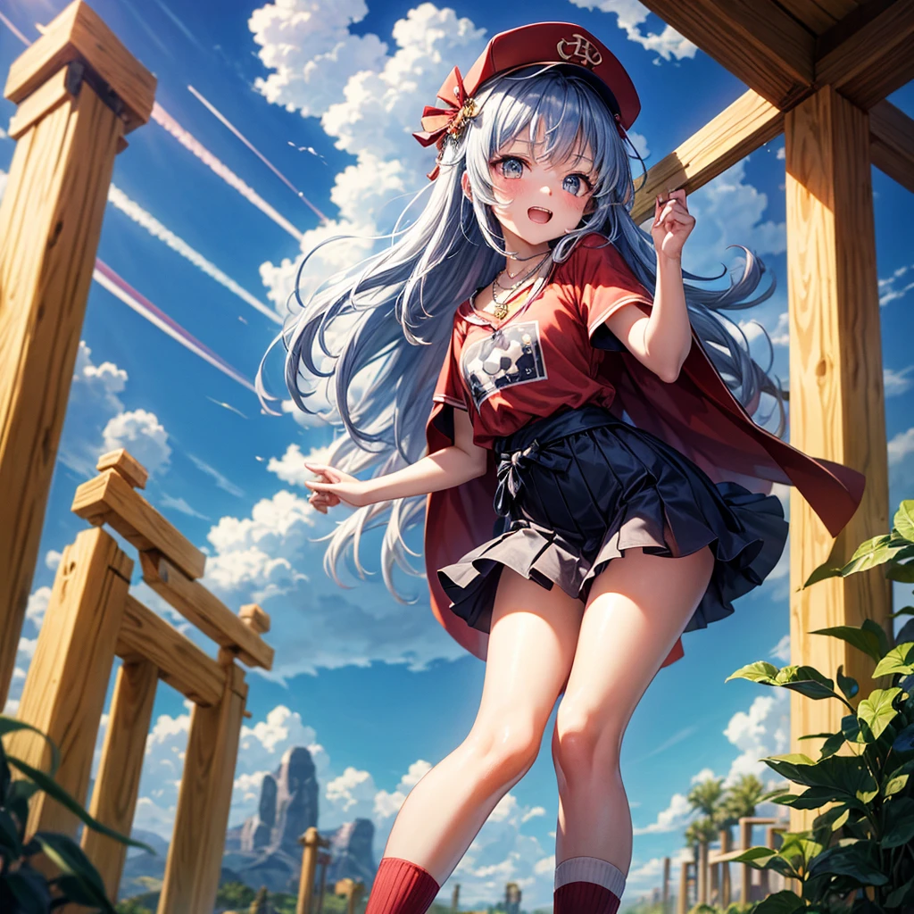 Red Blue Hair、Golden Eyes、Braid、One good looking girl、solo、anime、Checkered mini skirt、Ruffles on the skirt、Red T-shirt、Cape、Gothic、Black knee-high socks、Wearing a baseball cap、Wearing a ribbon、Ribbon on waist、Tilting face、Teeth are visible、Sunset sky、Piercing the clouds、Contrail、Cumulonimbus、Pillar of Light、Silver coin necklace、A world of light、shine、Tap from above、bell、torii、Desert Oasis、water is gushing out