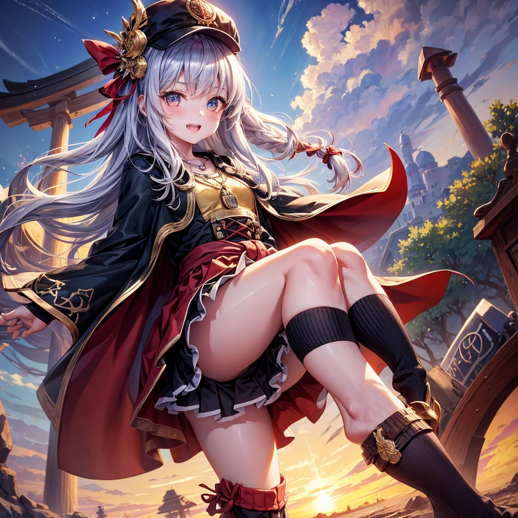 Red Blue Hair、Golden Eyes、Braid、One good looking girl、solo、anime、Checkered mini skirt、Ruffles on the skirt、Red T-shirt、Cape、Gothic、Black knee-high socks、Wearing a baseball cap、Wearing a ribbon、Ribbon on waist、Tilting face、Teeth are visible、Sunset sky、Piercing the clouds、Contrail、Cumulonimbus、Pillar of Light、Silver coin necklace、A world of light、shine、Tap from above、bell、torii、Desert Oasis、water is gushing out