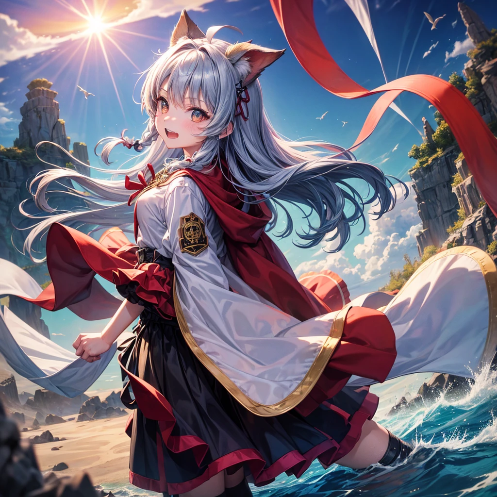 Red Blue Hair、Golden Eyes、Braid、One good looking girl、solo、anime、Checkered mini skirt、Ruffles on the skirt、Red T-shirt、Cape、Gothic、Black knee-high socks、Wearing a baseball cap、Wearing a ribbon、Ribbon on waist、Tilting face、Teeth are visible、Sunset sky、Piercing the clouds、Contrail、Cumulonimbus、Pillar of Light、Silver coin necklace、A world of light、shine、Tap from above、bell、torii、Desert Oasis、water is gushing out