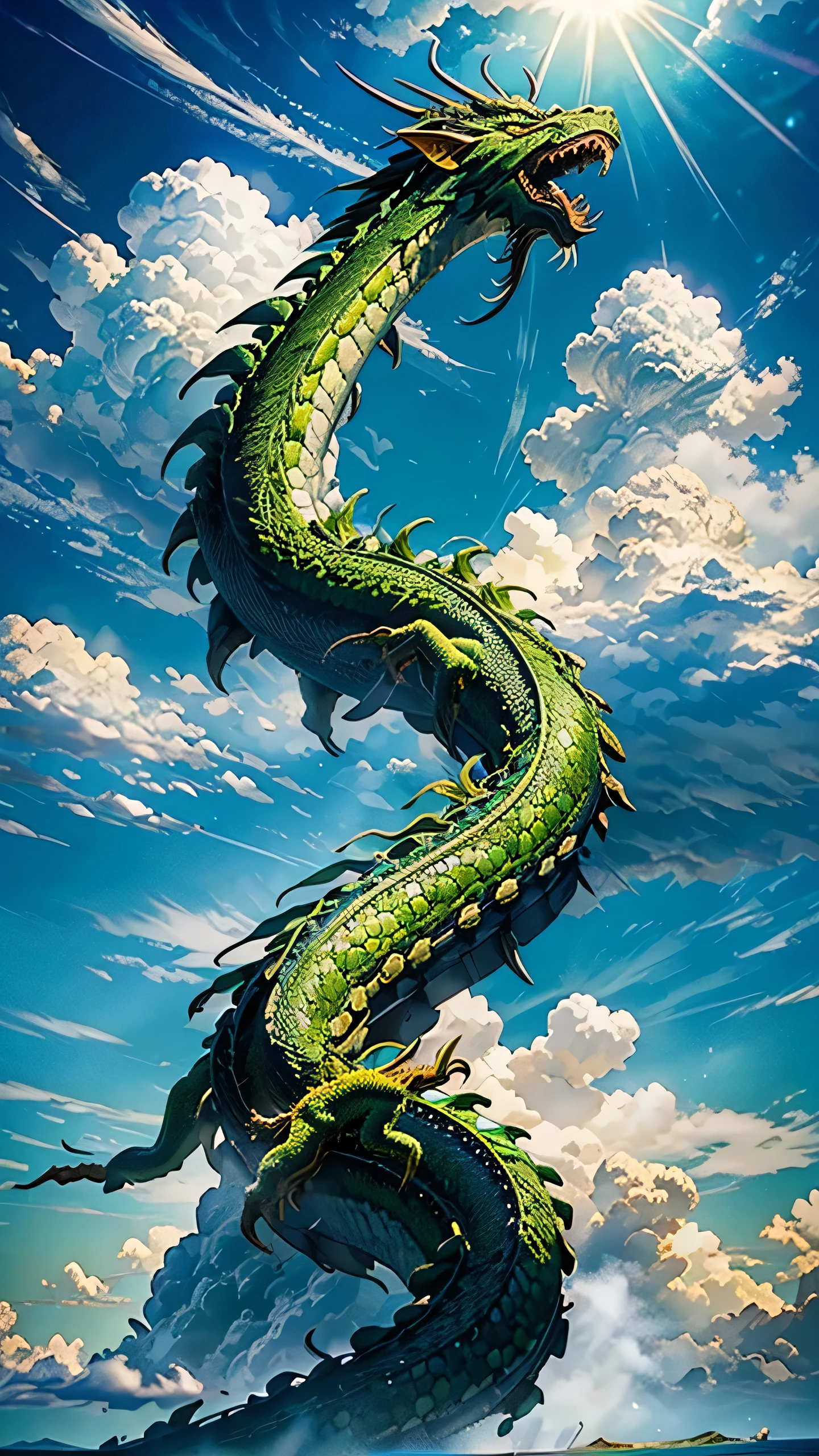 A huge green sacred Chinese dragon, cumulonimbus clouds floating in the blue summer sky, realistic,