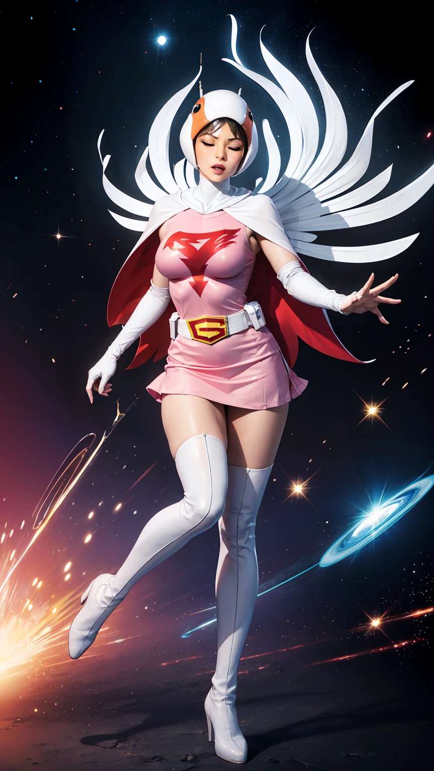 A girl in pink Gatchaman costume, long boots, long gloves, squatting, detailed face, H3JTS, giga_busty, best quality, 4k, 8k, highres, masterpiece:1.2, ultra-detailed, realistic, photorealistic, photo-realistic:1.37, HDR, UHD, studio lighting, ultra-fine painting, sharp focus, physically-based rendering, extreme detail description, professional, vivid colors, bokeh, concept art