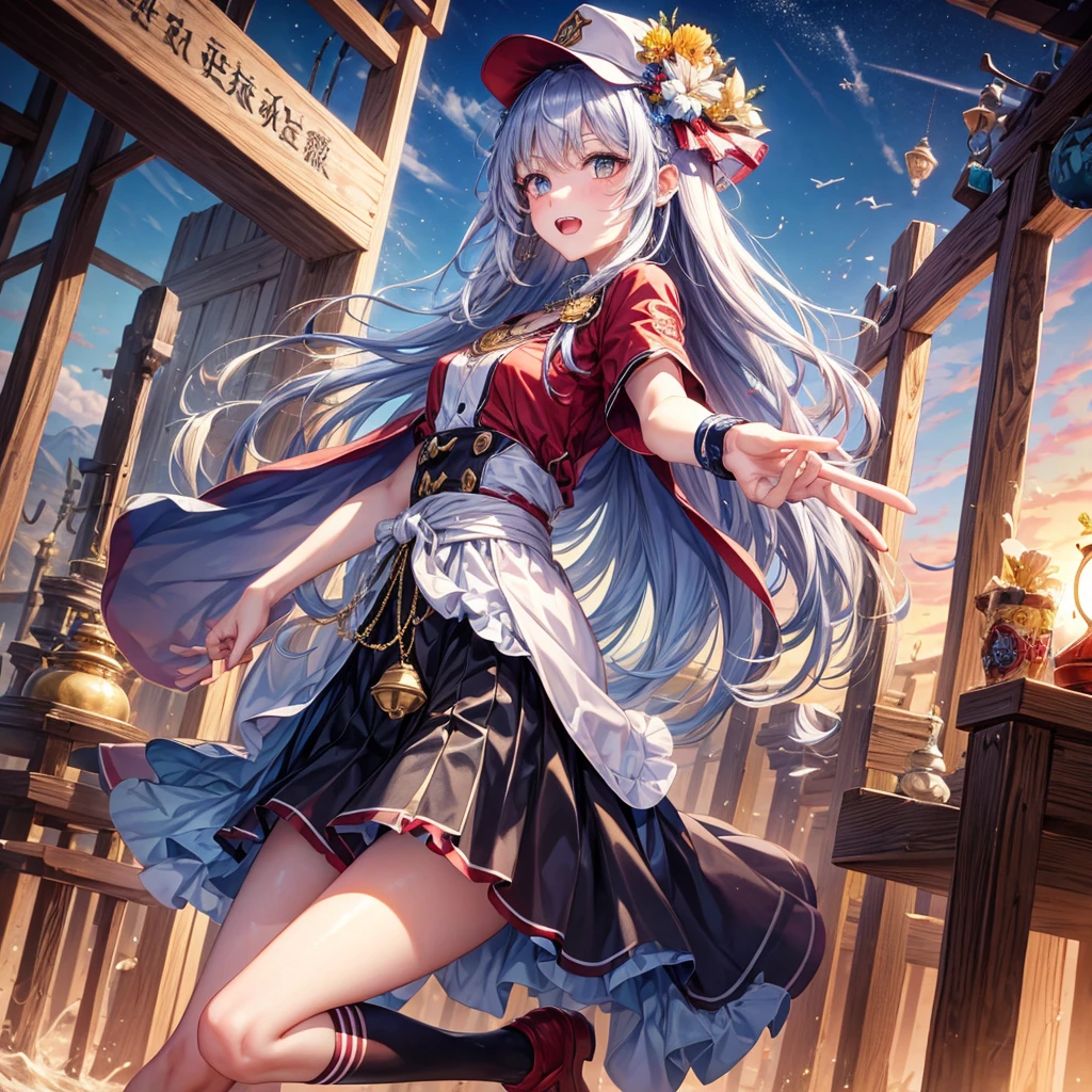Red Blue Hair、Golden Eyes、Braid、One good looking girl、solo、anime、Checkered mini skirt、Ruffles on the skirt、Red T-shirt、Cape、Gothic、Black knee-high socks、Wearing a baseball cap、Wearing a ribbon、Ribbon on waist、Tilting face、Teeth are visible、Sunset sky、Piercing the clouds、Contrail、Cumulonimbus、Pillar of Light、Silver coin necklace、A world of light、shine、Tap from above、bell、torii、Desert Oasis、water is gushing out