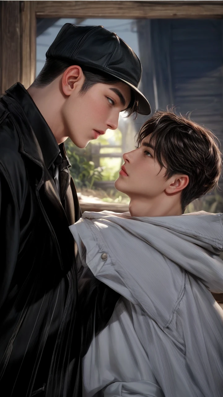 masterpiece, 1boy, young, handsome, black hair, undercut hair, hat, 1boy, handsome, brown hair, short hair, perfect face, detailed eyes and face,brown eyes, clean shaved, muscular, capturing a rural atmosphere, dynamic lighting, unreal engine 5