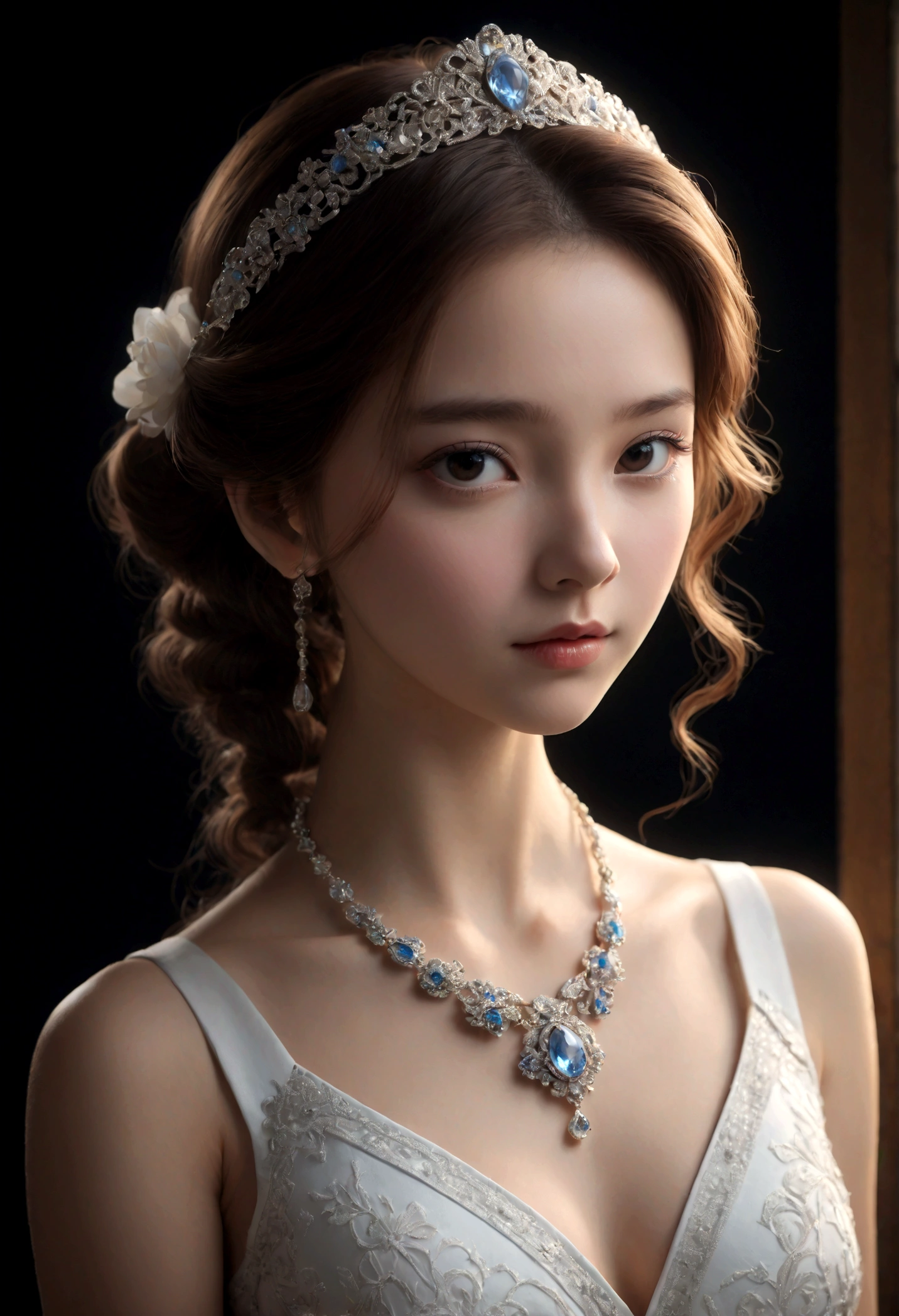 best quality, masterpiece, high resolution, 1 Girl, Porcelain dress, Hair accessories, necklace, Jewelry, Pretty Face, Physically, Tyndall effect, Practical, Dark Studio, Side lighting, Two-color lighting, (High Detail Skin: 1.2), 8K UHD, Digital SLR Camera, Soft Light, high quality, Volumetric Light, frank, photo, high resolution, 4k, 8K, Background blur,