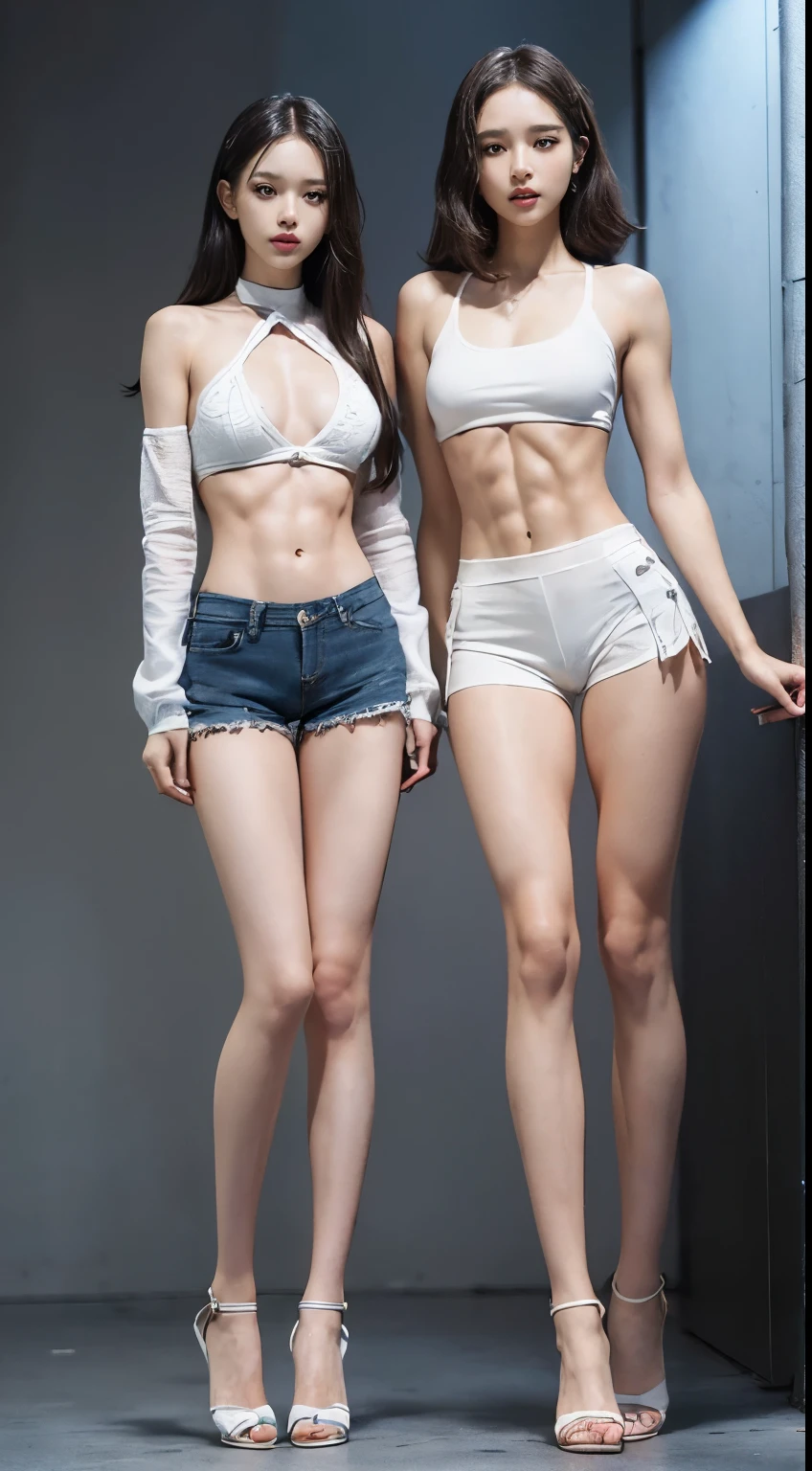 (8k、Raw photo、最high quality、masterpiece:1.5),((((Both of them stand with their legs apart:1.9)))),(((Both of them have an inseam that is more than half their height.:1.6))),((Both of them have bare legs.:1.3)),((Both of them are extremely slim:1.2)),((((Both girls look exactly like K-pop star Wonyoung:1.9)))),((Both of them have very long, slender legs.:1.6)),((Both are 173cm tall:1.4)),((The two have perfect supermodel style:1.3)),(((((Both of them take full body shots:1.8))))),(((Both of you should face your whole body straight ahead.:1.8))),((Photographed from below to show the whole body of the legs so that they look longer.:1.6)),Skin irregularities are reproduced in minute detail:1.4, (Super thin waist: 1.2), Thin buttocks,Open the navel,1Detailed reproduction of the navel,(完璧なSuper thin thighs),(both of them are the same height:1.3),(((Both of them have amazingly slim figures.))),((Both of them are wearing super micro shorts.:1.4)),((Both are )),(((Both of them are extremely exposed.:1.5))),((Both of them have super-strong abs:1.9)),(Both of them are wearing short, see-through white camisoles.:1.4),(Big boobs but no bra),(((Both of their erect nipples are visible through the fabric.))),(Both of them are covered in sweat),Highly detailed face and skin texture,(Both of you stand with your legs straight and without bending your knees.:1.3),(They're both the same height:1.3),Fair Asian Skin, Ultra-Realistic Details, Natural Shadows,(Very small hips:1.3),Large firm breasts, Super long thighs,(Super thin thighs),(Super slim calves),((Small Ass)),(Both of them have the slender bodies of well-trained track and field athletes.:1.5),(Super muscular body:1.5),Super toned waist,(Super thin waist:1.3),((White high heels)),lengthen limbs,(Shooting the whole body from calf height:1.5),(Both of them have slim, toned ankles.:1.2),(((Standing on the sidewalk in front of a stylish, upscale restaurant on a sunny afternoon:1.5))),(((Wide open abdomen:1.5))),Hands on hips,Both of them face forward,Super long arms,Thin hands,(Black hair ponytail),((Both of them stand up straight.)),(Keep your hips facing forward:1.5),Both of them are beautiful with 8-head body proportions.,Very thin ankles,The arms are very slender and muscular,The legs are super slender and muscular,Make your arms thinner,Super slim and muscular legs,Both of them have super long legs.,The middle of the thighs are very thin,(Super muscular and extremely slim calves),(Super muscular and slim thighs),(Very tight waist:1.2),((Both of them have an inseam that is more than half their height.の美脚:1.5)),Extremely thin thighs,Fine skin,Firm skin,(((Both of them should fit from the top of their heads to the toes of their heels.:1.5))),(((Both have beautiful legs))),(Both of them are super muscular and have slim legs.:1.2),(toned thin legs:1.2),((Midsummer)),Front lighting,A little overexposed, Super detailed, High detail, high quality, Awards,High resolution,((Anatomically correct))