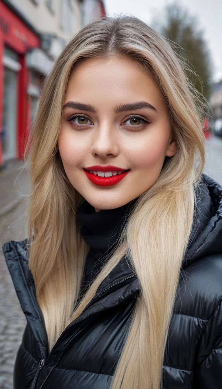 hyperrealistic beautiful busty 19-year-old woman with long legs wearing casual winter outfit with shiny black puffer coat, model shooting full body photography, bleached blonde very long straight hair, soaky wet skin, dark eye makeup with eyeliner, seductive smile, red lips, 8K, Best quality, Meisterwerk, ultra high resolution, (Realismus: 1.4), Originalfoto, (realistische Hautstruktur: 1.3), (Filmkorn: 1.3), (Selfie-Winkel), 1 girl, Beautiful round hazel eyes and facial details, Meisterwerk, Best quality, outdoor photography