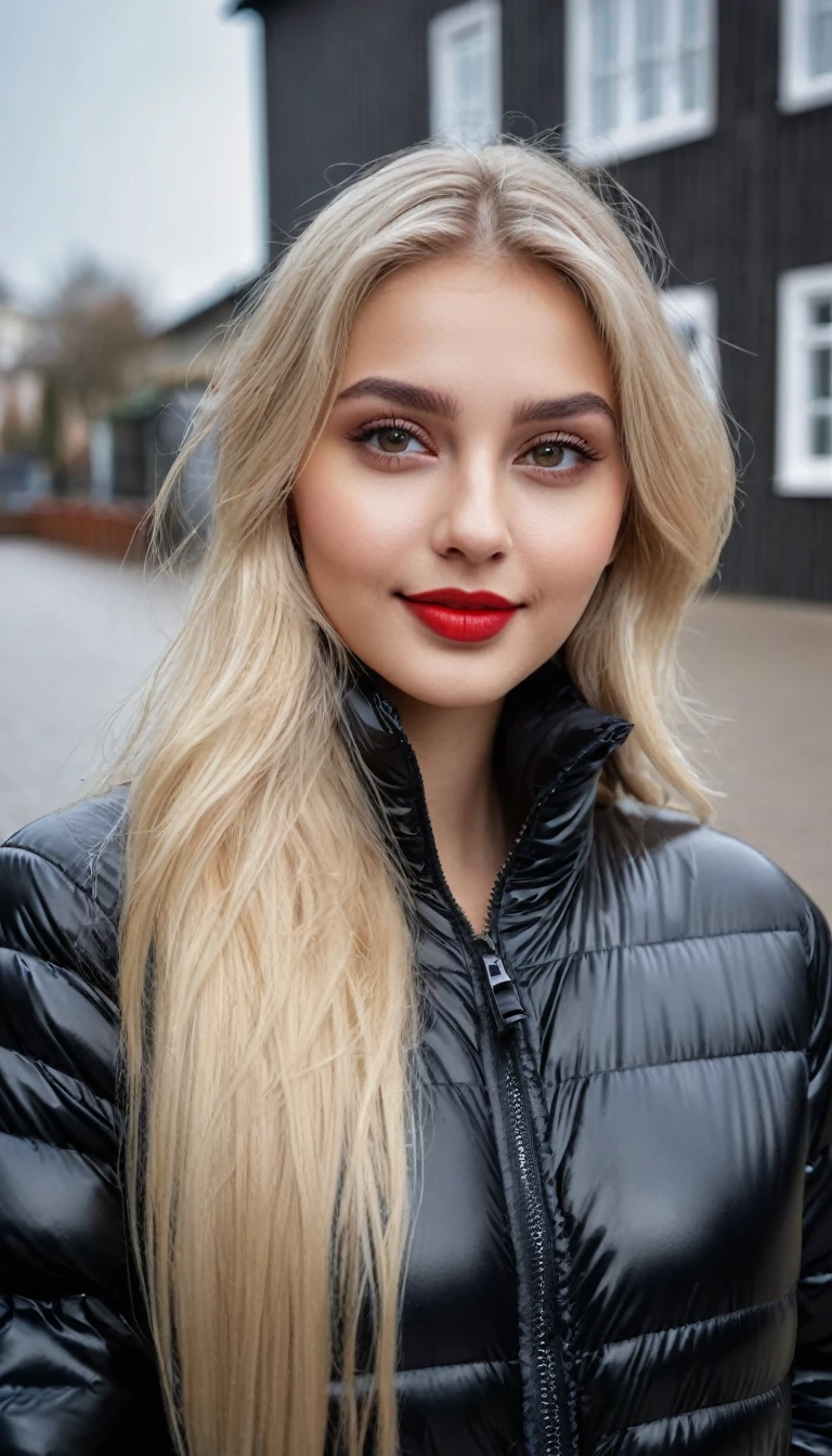 hyperrealistic beautiful busty 19-year-old woman with long legs wearing casual winter outfit with shiny black puffer coat, model shooting full body photography, bleached blonde very long straight hair, soaky wet skin, dark eye makeup with eyeliner, seductive smile, red lips, 8K, Best quality, Meisterwerk, ultra high resolution, (Realismus: 1.4), Originalfoto, (realistische Hautstruktur: 1.3), (Filmkorn: 1.3), (Selfie-Winkel), 1 girl, Beautiful round hazel eyes and facial details, Meisterwerk, Best quality, outdoor photography
