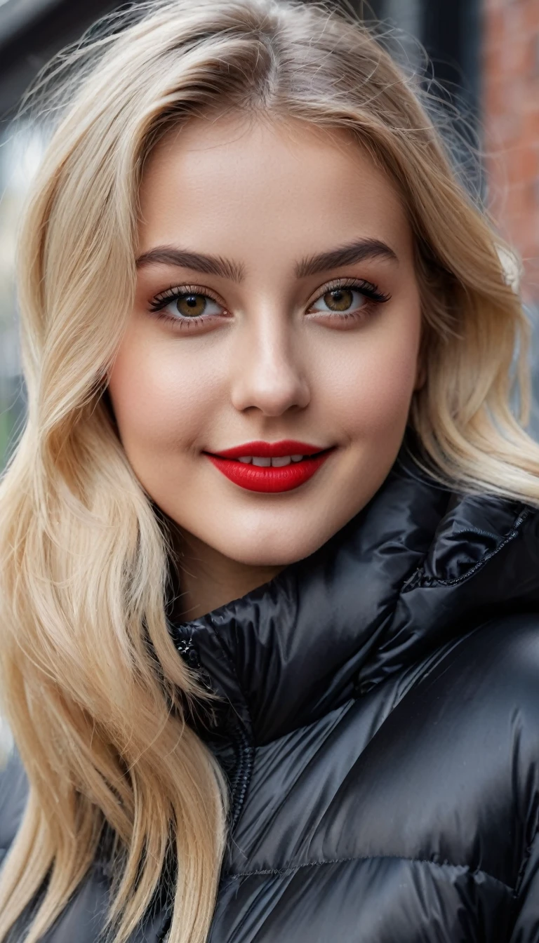 hyperrealistic beautiful busty 19-year-old woman with long legs wearing casual winter outfit with shiny black puffer coat, model shooting full body photography, bleached blonde very long straight hair, soaky wet skin, dark eye makeup with eyeliner, seductive smile, red lips, 8K, Best quality, Meisterwerk, ultra high resolution, (Realismus: 1.4), Originalfoto, (realistische Hautstruktur: 1.3), (Filmkorn: 1.3), (Selfie-Winkel), 1 girl, Beautiful round hazel eyes and facial details, Meisterwerk, Best quality, outdoor photography