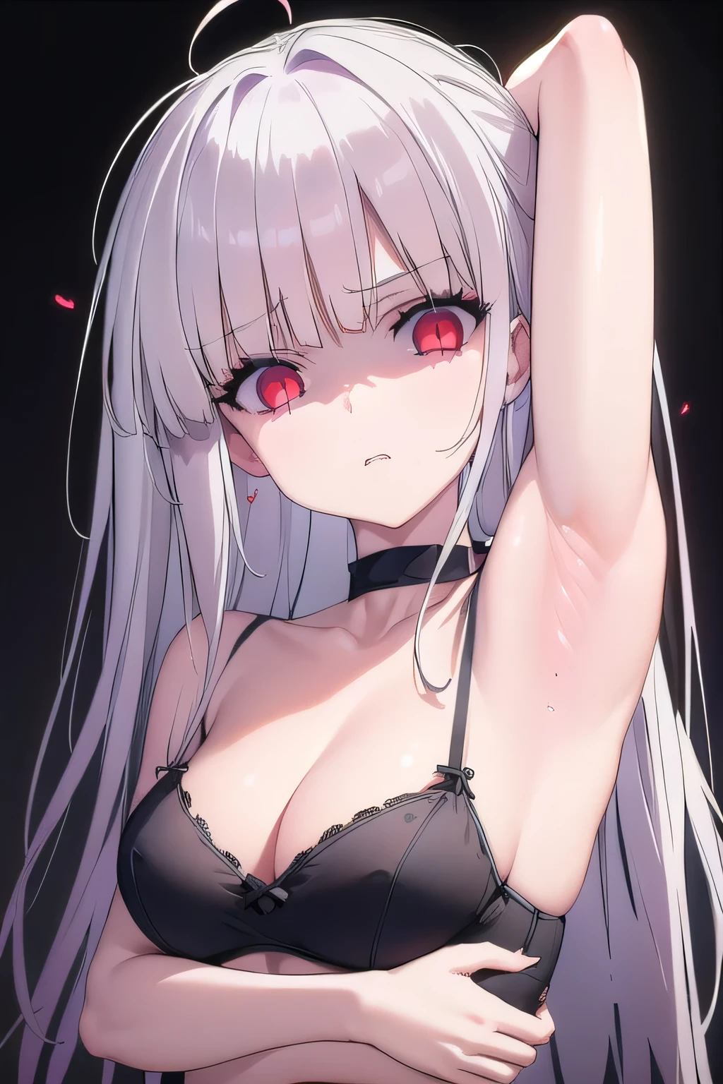 masterpiece, best quality, ultra-high-detailed, Disgusted face, white hair, red eyes, sigtuna julie , small breast, looking down to viewer, deep eyes,  glare eyes, bare shoulder, focus to armpit , black background, upper body ,  eyeshadow , Small breast, lingerie string,  slim, , arms behind head, arms up, front shot, cleavage 