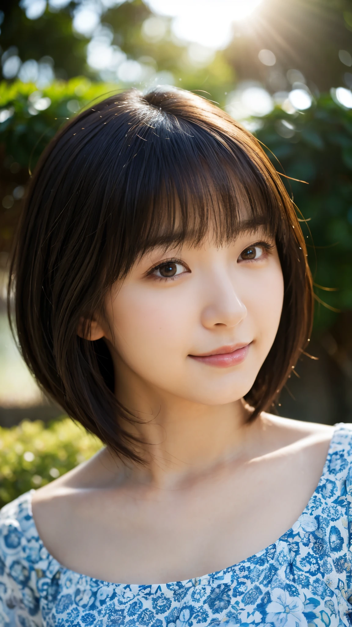 (highest quality,masterpiece:1.3,Ultra-high resolution),(Super detailed,Caustics,8k), (Photorealistic:1.4, RAW shooting),Backlight,sunshine,blue sky,Japanese garden,Japanese,20-year-old,smile,Natural brown medium hair,(Short-sleeved tops),(Bust up shot),Natural light,Lens flare,Low position,Low - Angle,Face Focus,Face close up
