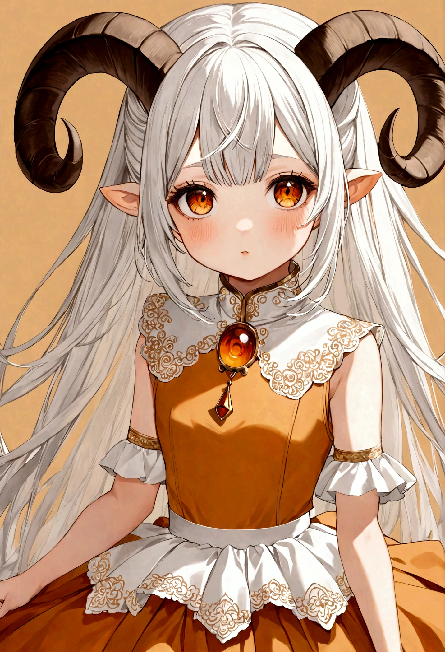 1 girl,Individuality,Big orange eyes,White Hair,with ram's horns,Aries Hair,Cute expression,Caramel colored high collar tutu skirt,Gauze skirt,Portraiture