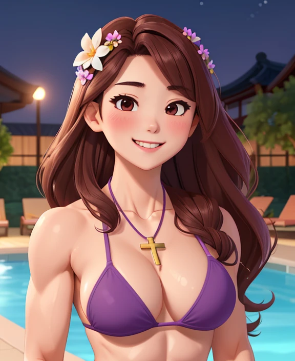 attractive korean woman, ripped muscle, muscular body, small breast, pale skin, smile(blush), purple bikini, flower wreath, cross necklace, sixpack abs, [ultra detailed skin:1.2], brown hair, long wavy hair, 8k uhd, pussy, full body, crowd, public, night, poolside, standing,