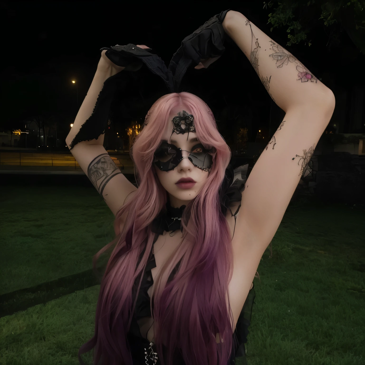 Mujer arafed con cabello rosado y una capucha en la cabeza., avatar de segunda vida, gothic girl, chica punk, pose espeluznante, segunda vida, gothic shopping center, gothic atmosphere, inspirado por Ren Bonian, gothic horror vibes, dark wave gothic aesthetic, wearing cyber bunny ears, punk ethereal flower, pose siniestra, doncella elisea floralpunk