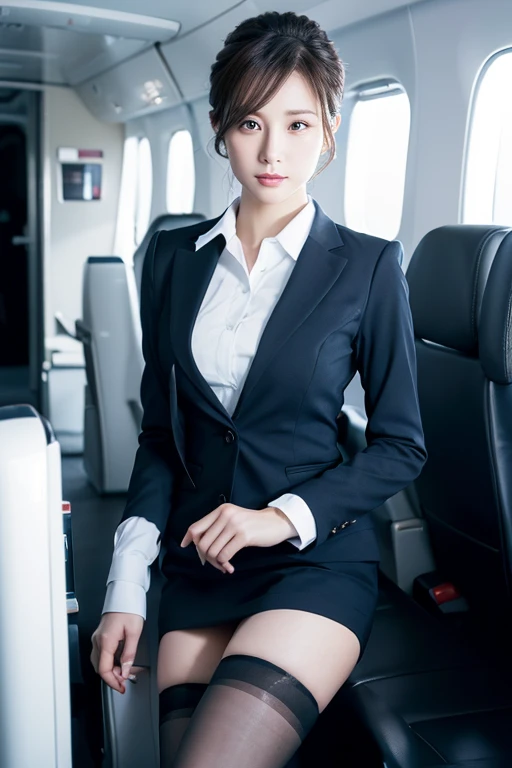 highest quality, Very detailed, masterpiece, 1 person,woman,(((完璧なwomanの体))),Very beautiful face, Very beautiful body,Gentle expression, Very beautiful eyes,(Perfect Makeup:1.1),Hair Bun,short hair,Shaggy Hair,Chestnut Hair:1.3, Very thin body,Smart Abs, ((CA Uniform:1.4)),necklace,anklet,A kind smile,Full body portrait,(Airplane interior background:1.1), (Shiny skin),(Earrings),GGX Heel,Are standing, カメラに向かってStick your butt out, ((Stick your butt out)), Formal long skirt,Black Pantyhose, Full body portrait,Elegant heels,