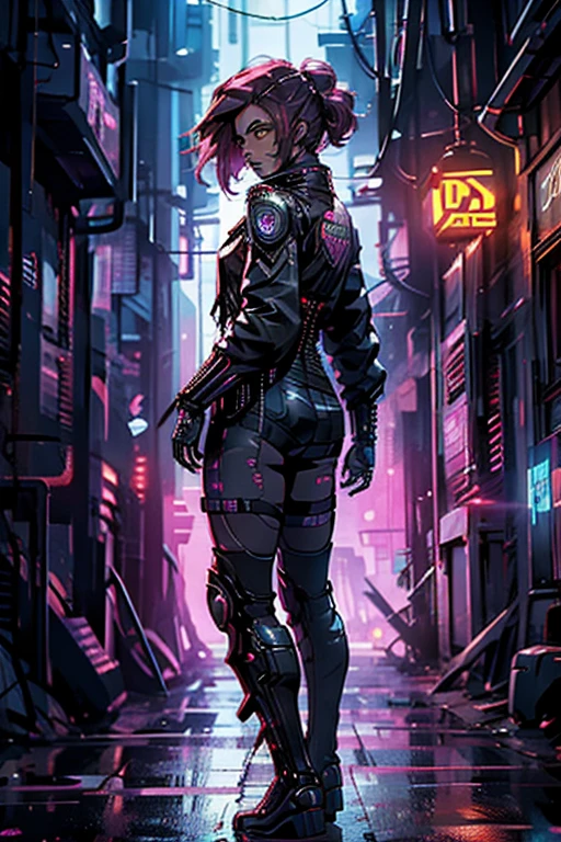 (back view),(full body:1.4),((ultra realistic illustration:1.2)),(cyberpunk:1.4),(dark sci-fi:1.3). ((Sexy)) mech pilot, with short pink hair, wearing leather lingersuit, jacket, fishnets, thigh high boots. Rebellious. Dystopic megacity, gritty, neon, hell, Armored Core, Battletech. Front Mission. Masterpiece, (highly detailed:1.2),(detailed face and eyes:1.2), 8k wallpaper, natural lighting. core shadows, high contrast, bokeh.