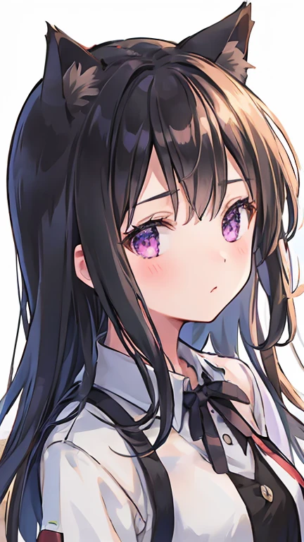 masterpiece, best quality, {best quality}, {{masterpiece}}, {highres}, illustration, 1girl, inoue takina, long hair, bangs, black hair, (purple eyes:1.2), cat ears, white dress, cute face, slight blush, NO human ears