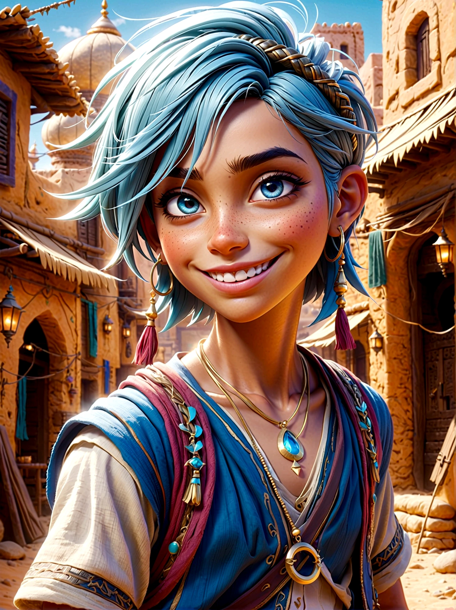 1boy,magi_aladdin,Standing alone in a desert town, He has short blue hair,With a braid,Wear a headscarf,Smiling,A flute pendant hangs around her neck,Wearing a blue vest, A magical explosion can be seen in the background,Super large magic circle,lightning,fighting,Mouth tightly shut,sneer,Soft lighting and detailed environments create an immersive environment,Let your imagination run wild with super details, Ultra-detailed face, High-quality visual effects, Sharp focus, Octane Rendering, 8k, Ultra HD