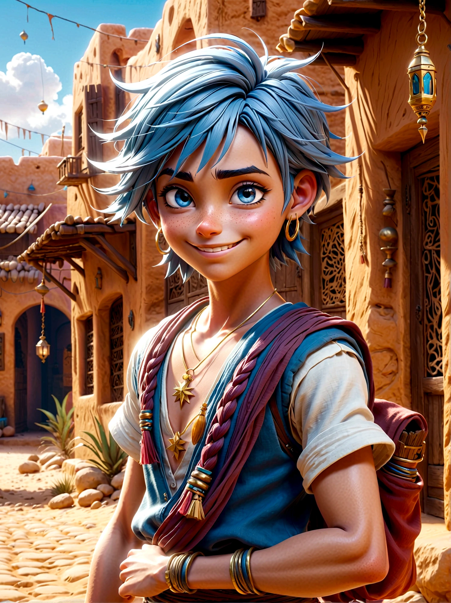 1boy,magi_aladdin,Standing alone in a desert town, He has short blue hair,With a braid,Wear a headscarf,Smiling,A flute pendant hangs around her neck,Wearing a blue vest, A magical explosion can be seen in the background,Super large magic circle,lightning,fighting,Mouth tightly shut,sneer,Soft lighting and detailed environments create an immersive environment,Let your imagination run wild with super details, Ultra-detailed face, High-quality visual effects, Sharp focus, Octane Rendering, 8k, Ultra HD