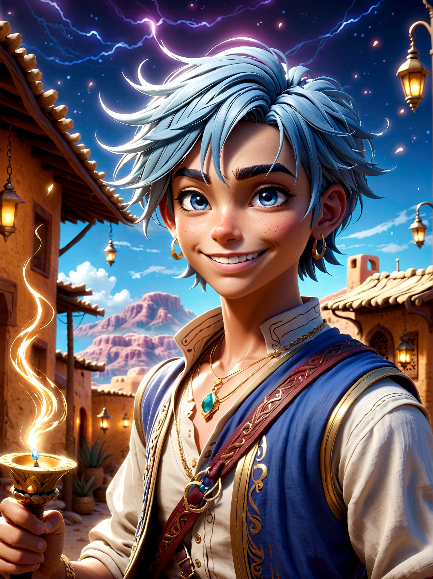 1boy，magi_aladdin，Standing alone in a desert town, He has short blue hair，With a braid，Wear a headscarf，Smiling，A flute pendant hangs around her neck，Wearing a blue vest, A magical explosion can be seen in the background，Super large magic circle，lightning，fighting，Mouth tightly shut，sneer，Soft lighting and detailed environments create an immersive environment，Let your imagination run wild with super details, Ultra-detailed face, High-quality visual effects, Sharp focus, Octane Rendering, 8k, Ultra HD