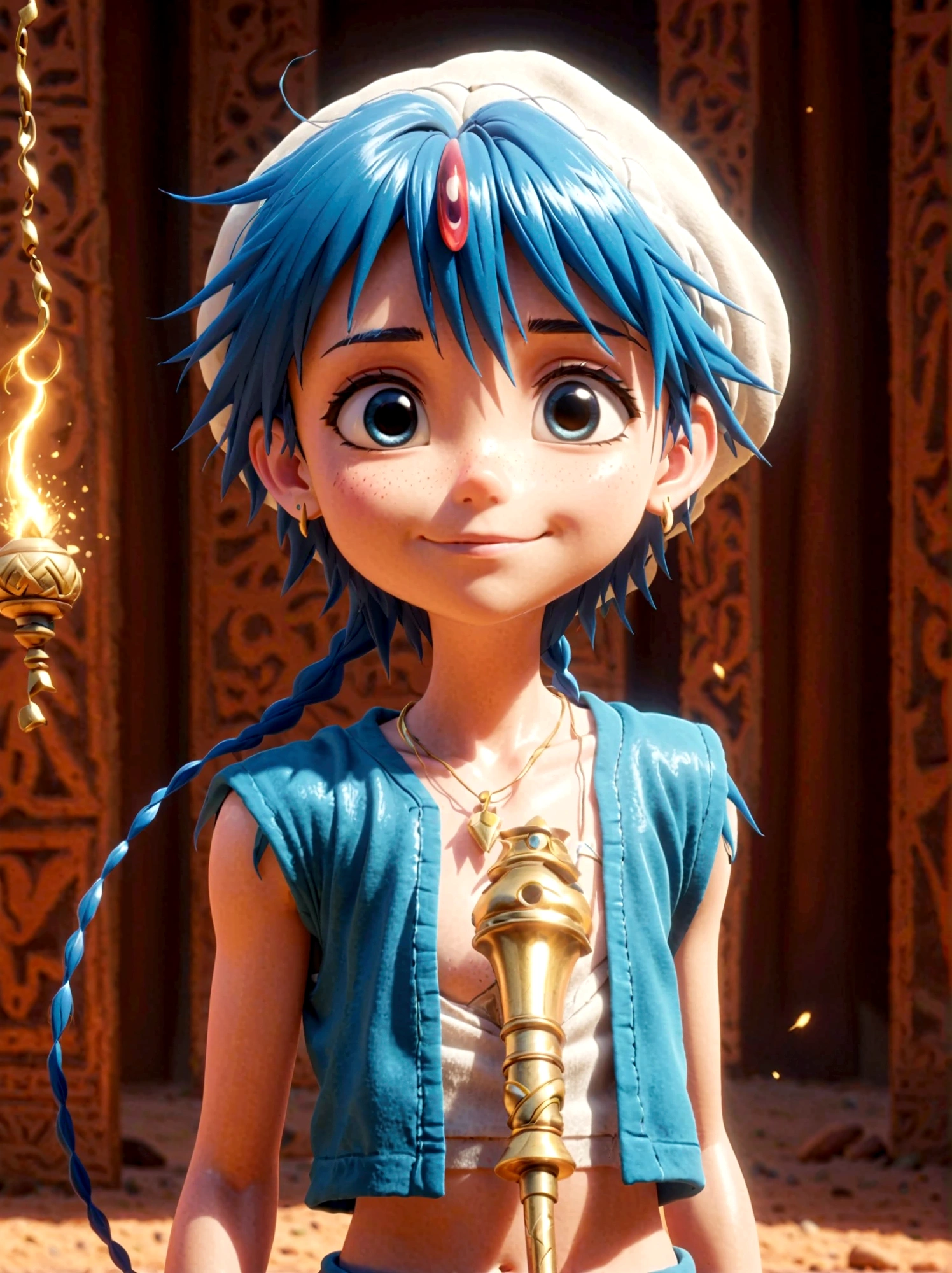 1boy，magi_aladdin，Standing alone in a desert town, He has short blue hair，With a braid，Wear a headscarf，Smiling，A flute pendant hangs around her neck，Wearing a blue vest, A magical explosion can be seen in the background，Super large magic circle，lightning，fighting，Mouth tightly shut，sneer，Soft lighting and detailed environments create an immersive environment，Let your imagination run wild with super details, Ultra-detailed face, High-quality visual effects, Sharp focus, Octane Rendering, 8k, Ultra HD