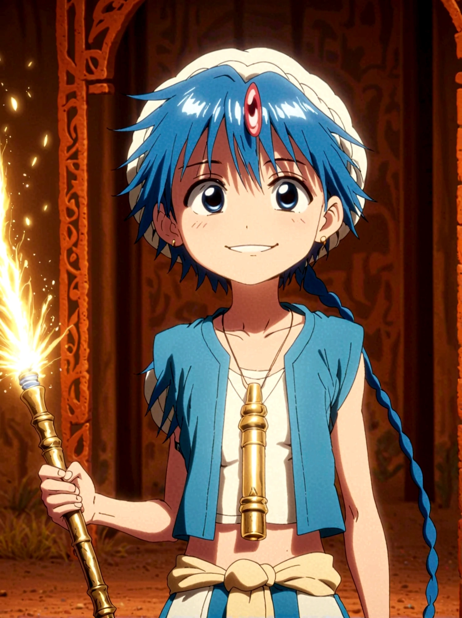 1boy，magi_aladdin，Standing alone in a desert town, He has short blue hair，With a braid，Wear a headscarf，Smiling，A flute pendant hangs around her neck，Wearing a blue vest, A magical explosion can be seen in the background，Super large magic circle，lightning，fighting，Mouth tightly shut，sneer，Soft lighting and detailed environments create an immersive environment，Let your imagination run wild with super details, Ultra-detailed face, High-quality visual effects, Sharp focus, Octane Rendering, 8k, Ultra HD