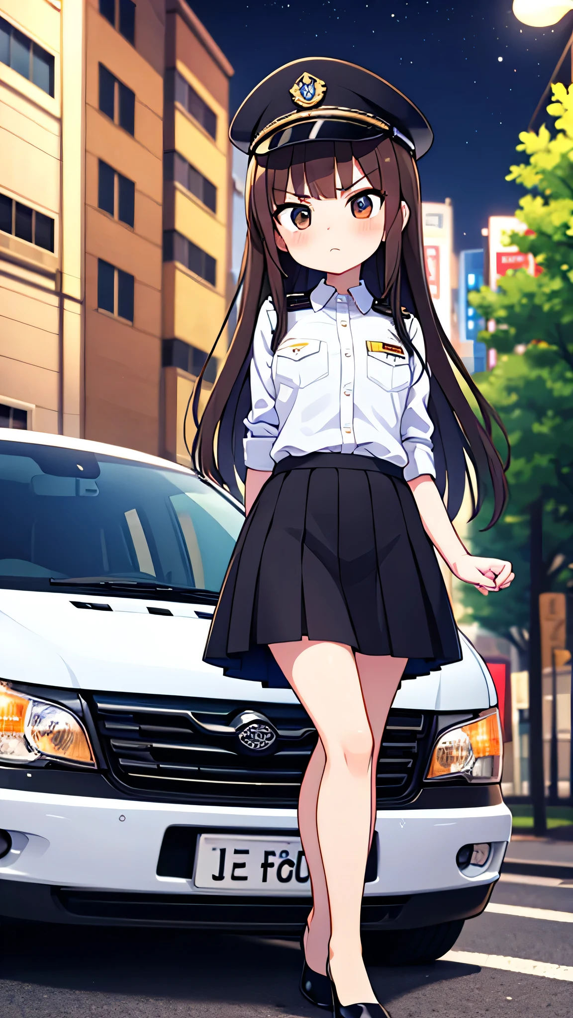 masterpiece, {highest quality], [Super beautiful], [Ultra fine], [Best illustration],Brown Hair, Hime cut, Long Hair, With bangs, girl, Uniform cap,Security uniform, Angry face, blush, Slender women, Straight Skirt, Standing posture, （Public）Night Park, diagonal, From diagonal, Bare feet and pumps, Plain black pumps,Cross your legs,Car next to me,Hiace Van,