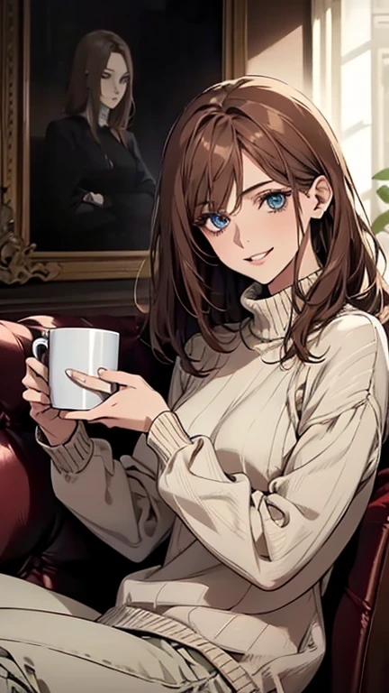 (highest quality,High resolution,Very detailed),1 girl, Beautiful and elegant light blue eyes, Brown Hair, Cold Smile,Medium Hair,pants,Wearing a blue high-neck sweater, Mature Woman, Age 27,Cruel smile, Calm and Calm,Slim figure, Pale complexion, thin, Calm, Sitting on the sofa,Talking,Mug,Blue sweater