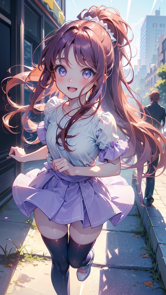 ((masterpiece)), (((HDR))), ((best quality)), (ultra high quality), (hi-res), ((1 anime girl)), cute woman, (((light purple eyes))), beautiful eyes, detailed eyes, ((adult)), (((dark red hair))), hair gradient, ombre hair, (bangs), tied hair, ((ponytail)), ((long straight hair)), (((straight hair))), (((small breast))), perfect body, perfect ???????, long legs, (((zettai ryouiki))), (chubby thighs), (thigh high socks), long socks, (thin waist), (((thigh gap))), ((happy expression)), (smile), crooked tooth, sharp tooth, cute, facing camera, ((looking up at camera)), (leaning forward), bend at waist, short sleeves, ???? sleeves, puffed sleeves, boob window, (skirt), (idol clothes), (clothing colors blue white gold), (short-sleeved), ruffles, bows, standing, ((dynamic)), point, walking, in the city, outside, buildings, sidewalk, daytime, sunlight on face, noon, bright sun, city scenery, crosswalk, birds