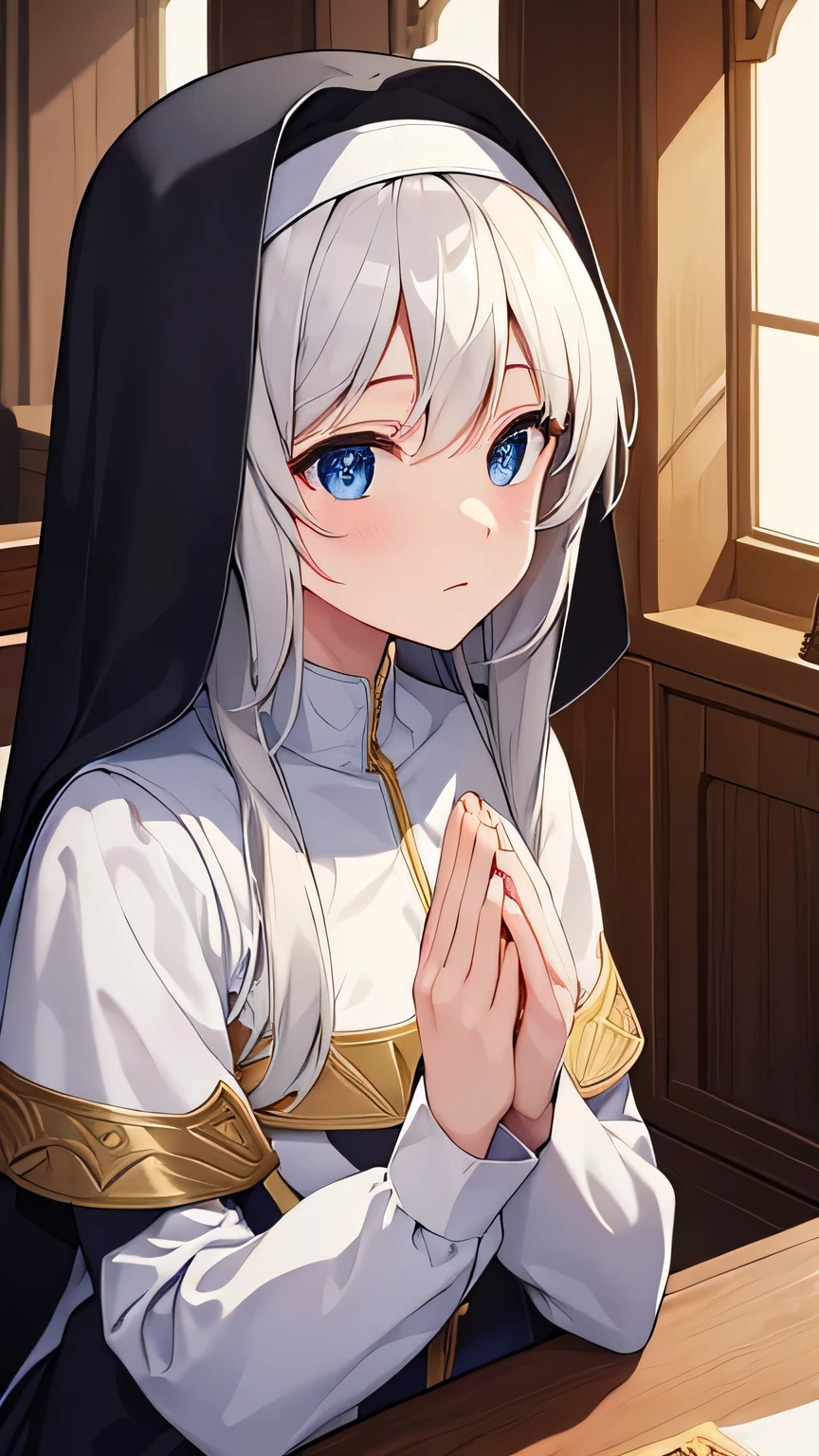 ((best quality)), ((masterpiece)), (detailed face and eyes), perfect face, accurate, textured skin, high details, highres, Cathedral, Saint, Praying Saint, Sister, Scapular, Nun's clothing, Sacred, majestic, dignified, Light coming from the ceiling, anime style, Kneeling, Praying with folded hands