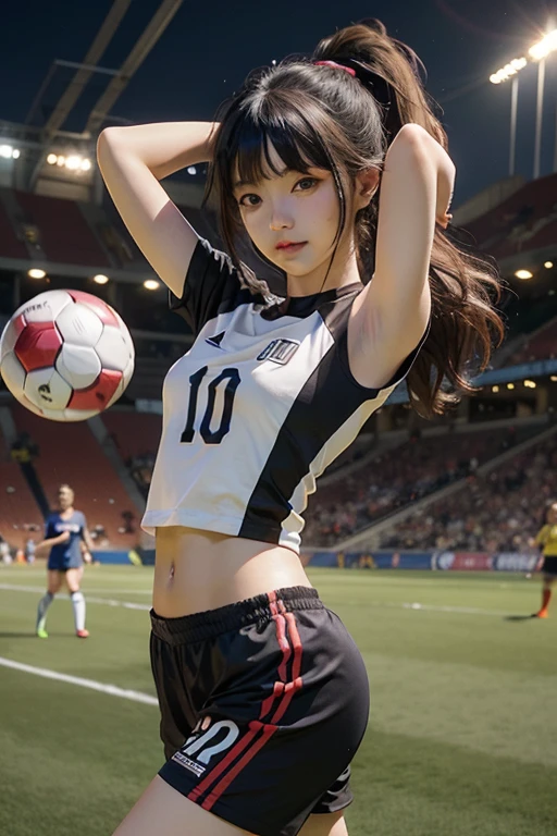 hinata\(boruto\), hinata from the anime naruto, light purple eyes, shoulder length hair, black hair, bangs, ponytail, beautiful woman, beautiful, perfect body, perfect breasts, wearing a soccer jersey, soccer pants, soccer shoes, in the middle of a football field, look at the audience, a small smile, realism, masterpiece, textured skin, super detailed, high detail, high quality, best quality, 1080p, 16k, armpit