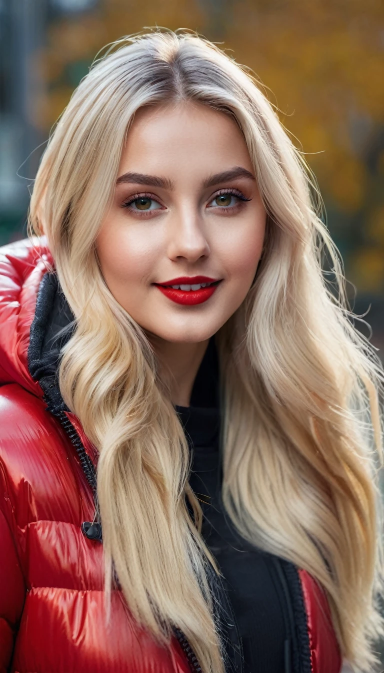hyperrealistic beautiful busty 19-year-old woman with long legs wearing casual winter outfit with shiny red puffer coat, model shooting full body photography, bleached blonde very long straight hair, soaky wet skin, dark eye makeup with eyeliner, seductive smile, red lips, 8K, Best quality, Meisterwerk, ultra high resolution, (Realismus: 1.4), Originalfoto, (realistische Hautstruktur: 1.3), (Filmkorn: 1.3), (Selfie-Winkel), 1 girl, Beautiful round hazel eyes and facial details, Meisterwerk, Best quality, outdoor photography