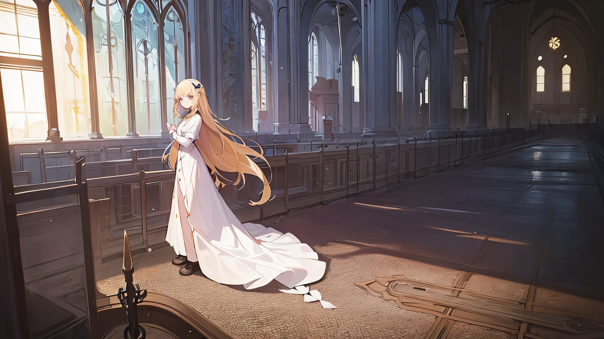 A twelve-year-old girl with long blond hair,There is a butterfly-shaped hairpin on the right side of her hair.,Wearing a long-sleeved white dress。Inside the ruined church,Close eyes,Looking scared,Make the character the main focus,並強調Close eyes的部分