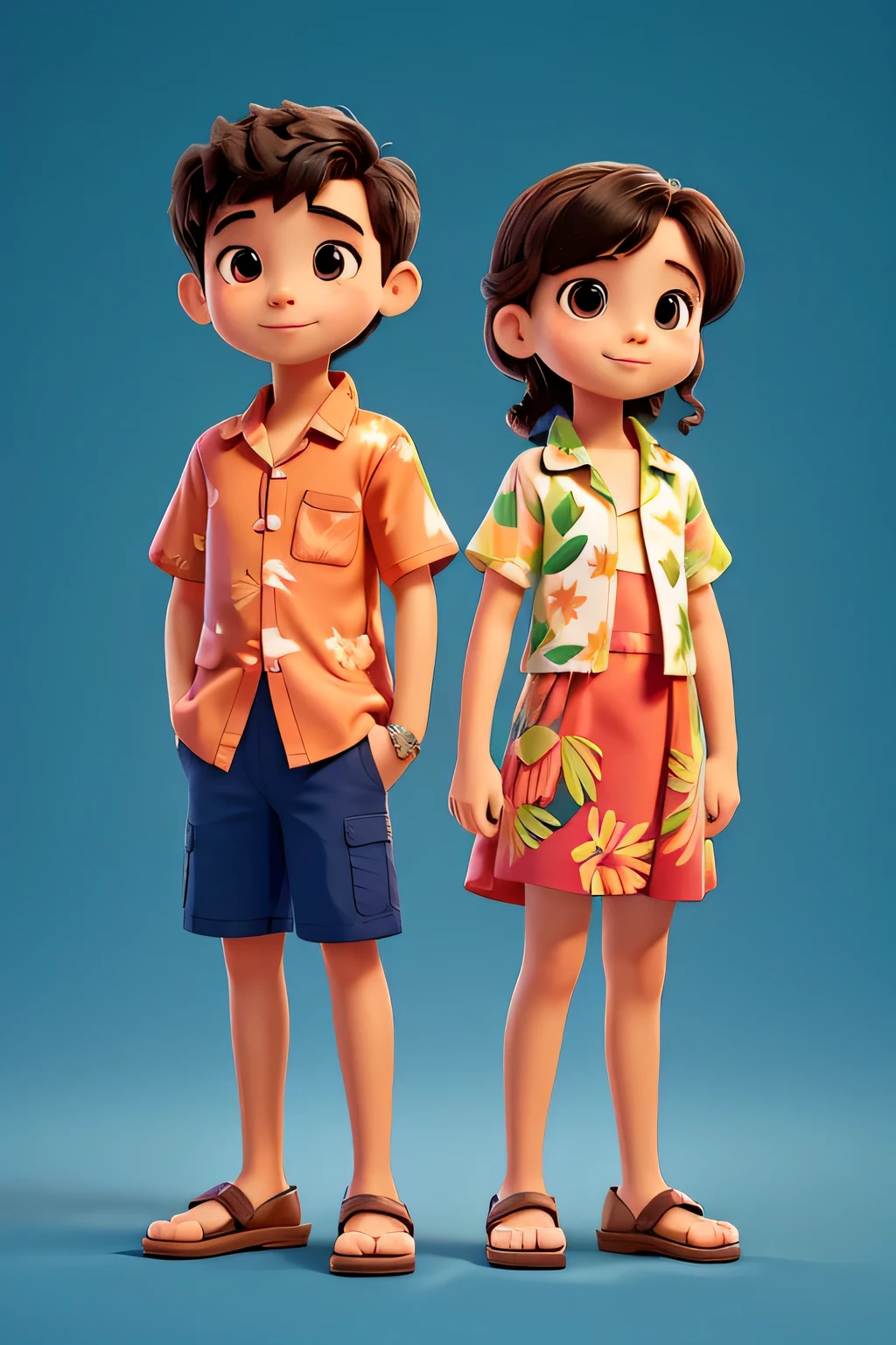 boy and girl wearing tropical shirt, illustration, hawaiian, 6 , transparent background, same height, standing apart