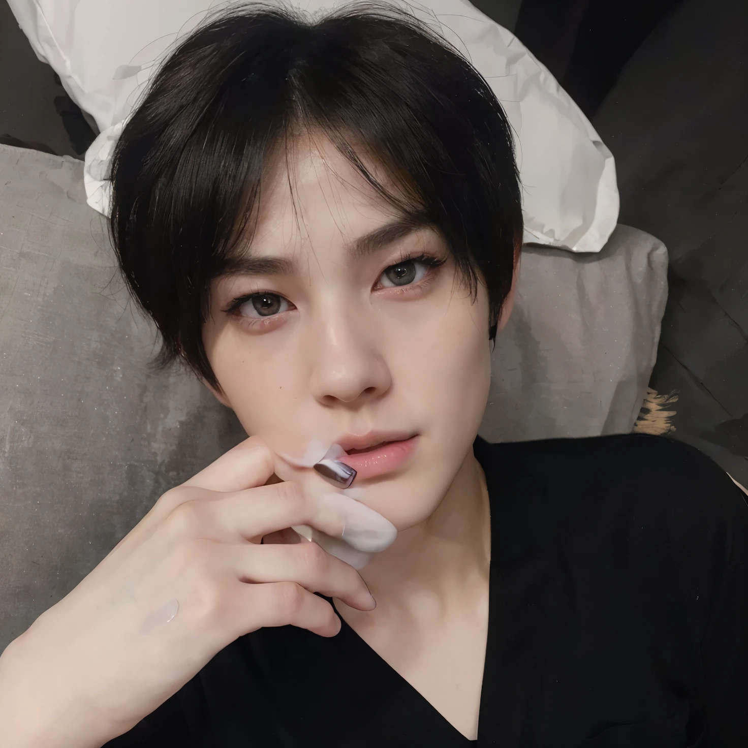 A thin faced young man with short hair, pale korean adorable face, feline-like eyes with heterochromia, wearing a black shirt, (best quality,4k,8k,highres,masterpiece:1.2),ultra-detailed,(realistic,photorealistic,photo-realistic:1.37),HDR,UHD,studio lighting,vivid colors,concept art