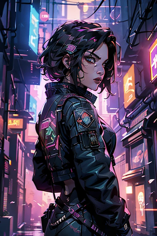 ((ultra realistic illustration:1.2)),(cyberpunk:1.4),(dark sci-fi:1.3). ((Sexy)) mech pilot, with short pink hair, wearing leather lingersuit, jacket, (fishnets), thigh high boots. Rebellious. Dystopic megacity, gritty, neon, hell, Armored Core, Battletech. Front Mission. Masterpiece, (highly detailed:1.2),(detailed face and eyes:1.2), 8k wallpaper, natural lighting. core shadows, high contrast, bokeh.