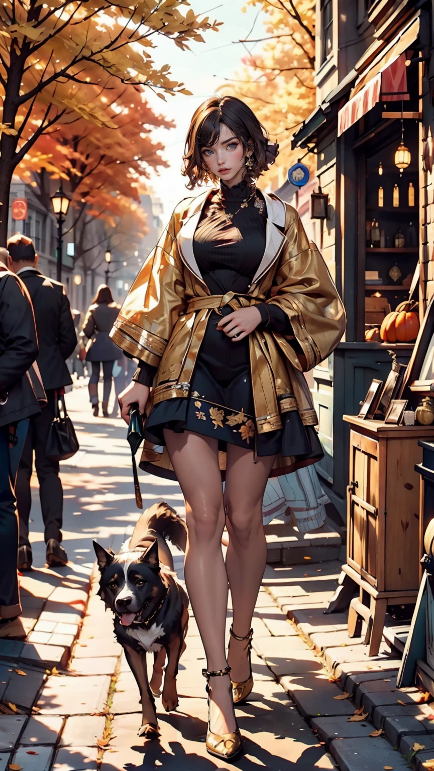 Imagine a white woman happily browsing a vintage shop., A storefront filled with antiques and rare items. The Art Deco sign adds elegance to the atmosphere.. In front of the store, Antique bicycle leaning against a brick wall, Evoke memories of past adventures. wood々The leaves that fall from the trees create a golden carpet on the ground., While a playful dog chases a ball on the street.