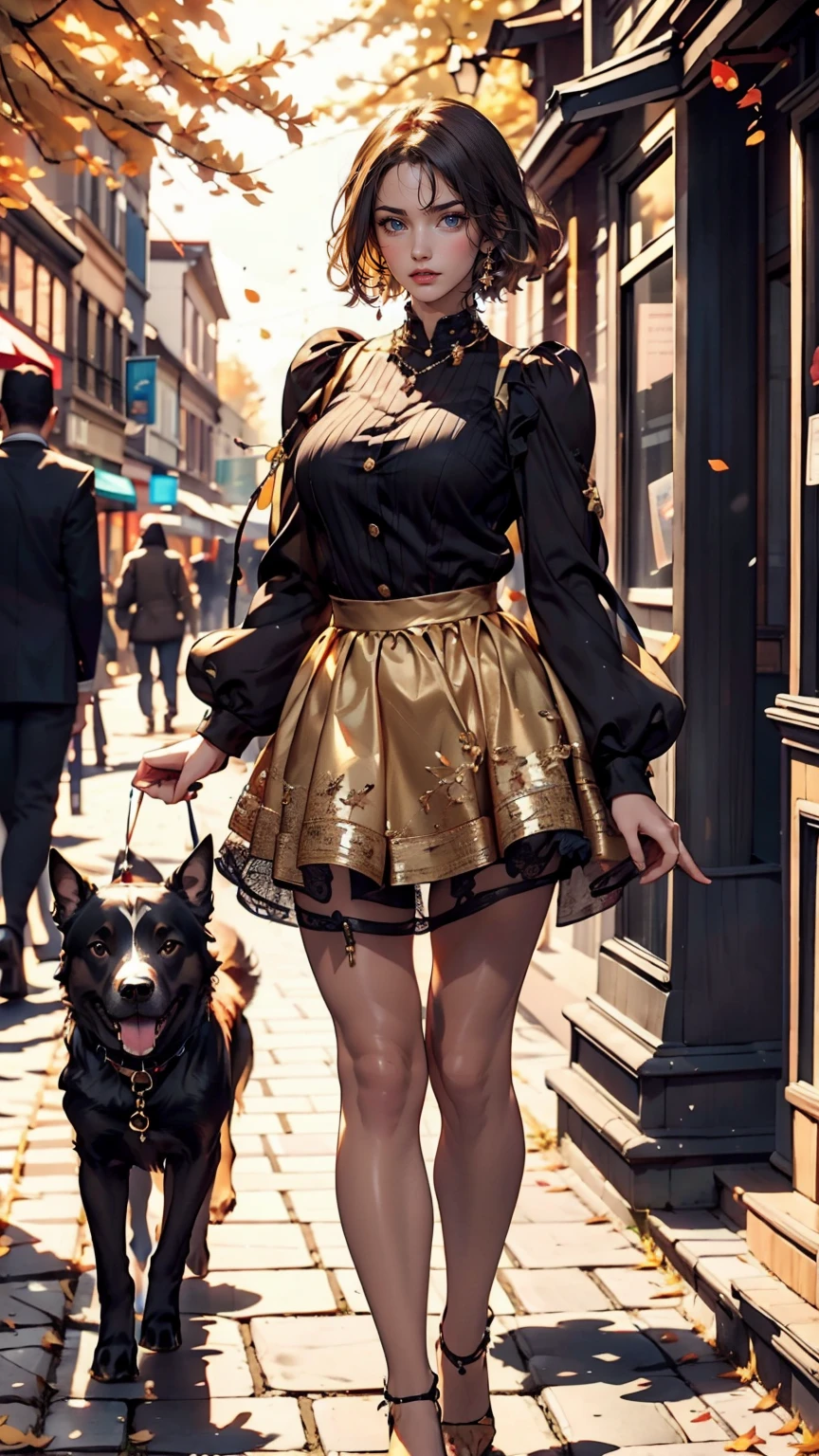 Imagine a white woman happily browsing a vintage shop., A storefront filled with antiques and rare items. The Art Deco sign adds elegance to the atmosphere.. In front of the store, Antique bicycle leaning against a brick wall, Evoke memories of past adventures. wood々The leaves that fall from the trees create a golden carpet on the ground., While a playful dog chases a ball on the street.