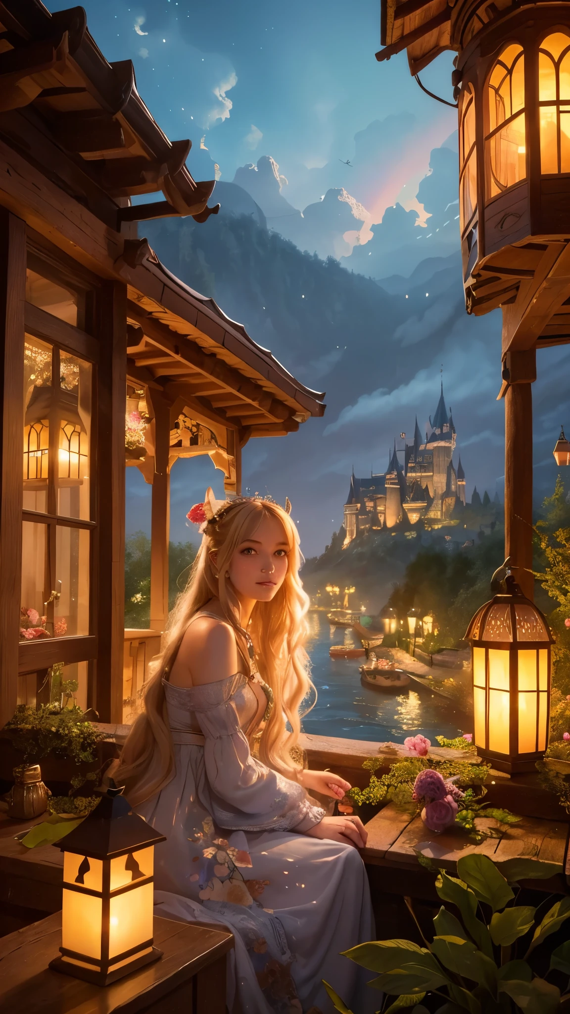 “A whimsical and detailed illustration of a fairytale scene. A girl with long, flowing blonde hair is leaning out of a wooden tower window adorned with flowers, looking dreamily at the sky. In the background, a magical castle is visible across a river, and the sky is filled with glowing lanterns floating upward, creating a beautiful, enchanting atmosphere. The scene is set at twilight with a mix of natural and magical lighting.”
Use this prompt with AI art generators like DALL-E, Stable Diffusion, or Midjourney, and adjust as needed based on the specific capabilities and requirements of the tool.