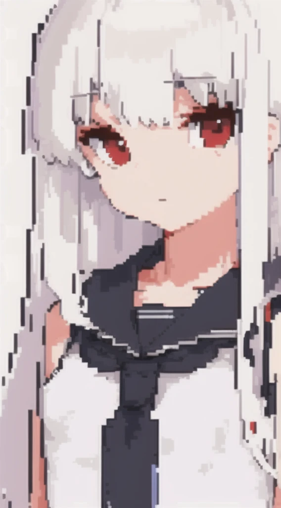 A beautiful and detailed pixel CG work,Depicting a white-haired girl,Red eyes,This masterpiece illustration shows the beauty of a female character in solo performance,Dot plot,Pixel Art,Small Breasts,Sailor Suit,mystery,Long hair
