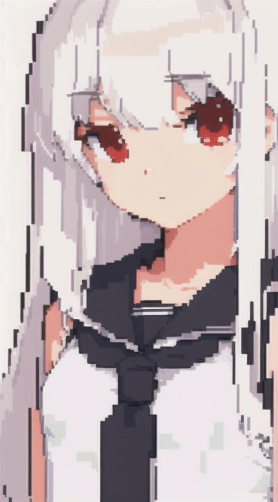 A beautiful and detailed pixel CG work,Depicting a white-haired girl,Red eyes,This masterpiece illustration shows the beauty of a female character in solo performance,Dot plot,Pixel Art,Small Breasts,Sailor Suit,mystery,Long hair