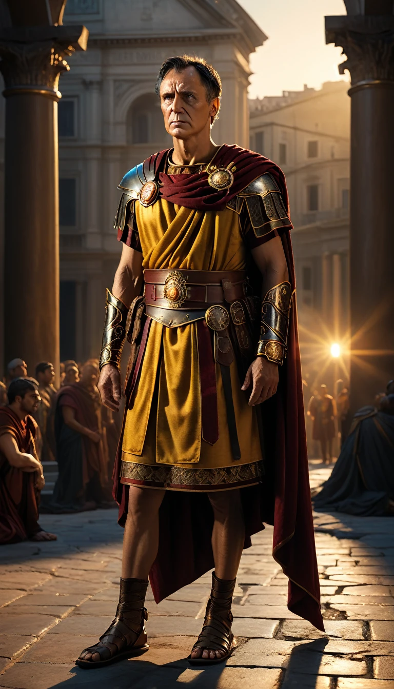 As the sun began to set, The warm golden hues of the sun illuminated his ornate attire, casting a warm glow across the area, Ground-level shot, Produce an image depicting the moment when Julius Caesar uttered his last words, 'Et tu, Brute, background dark, hyper realistic, ultra detailed hyper realistic, photorealistic, Studio Lighting, reflections, dynamic pose, Cinematic, Color Grading, Photography, Shot on 50mm lens, Ultra-Wide Angle, Depth of Field, hyper-detailed, beautifully color, 8k, golden light from the front,